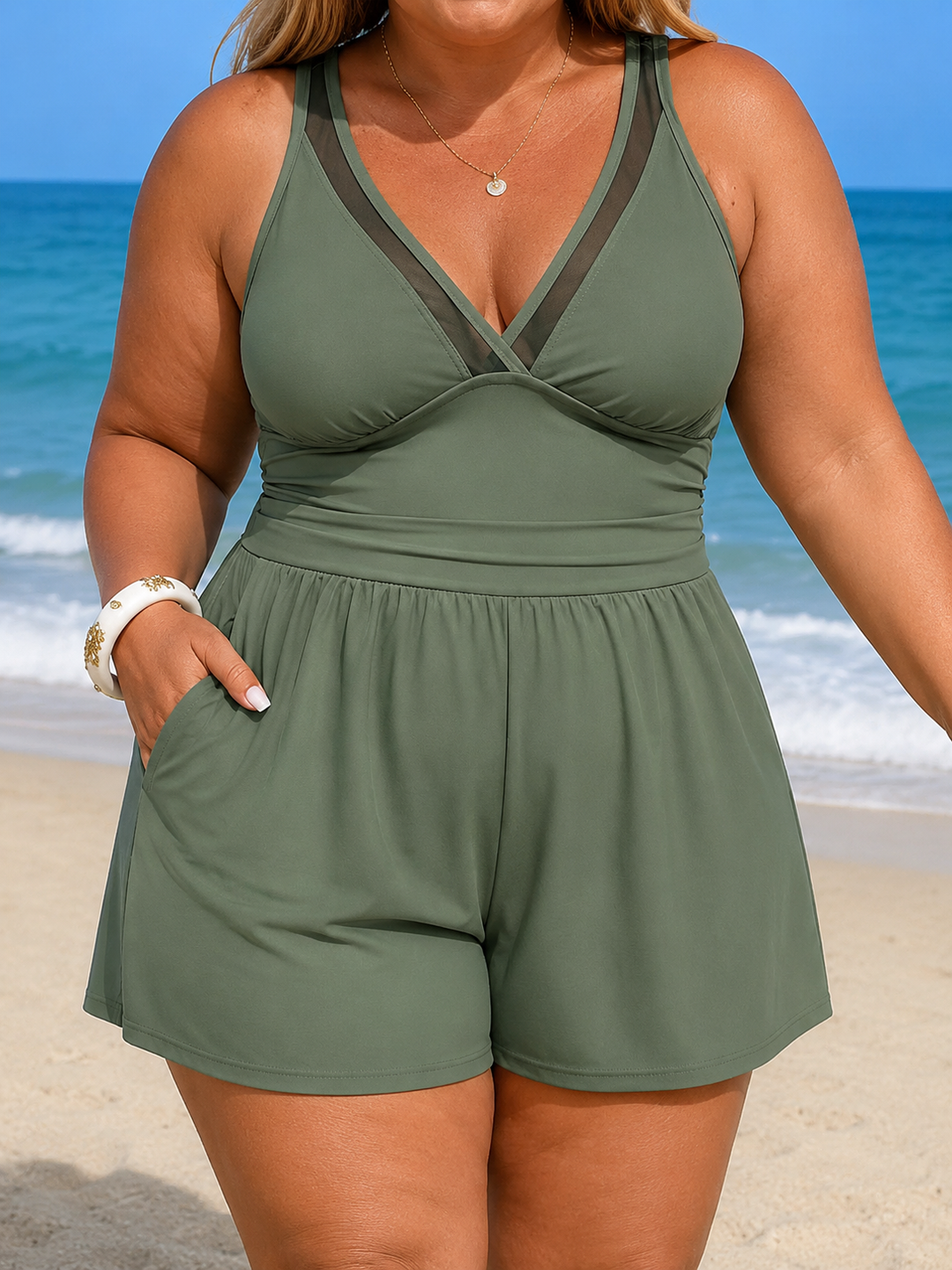 Charlotte | Elegant Plus Size Women's "Seabreeze Elegance" Swimdress with V-Neck