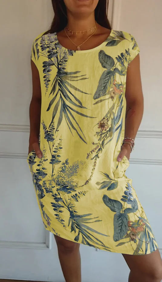 Women's Cotton Linen Printed Summer Dress with Pockets