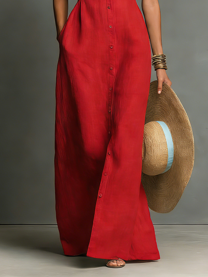 Women's Minimalist Collarless Single-Breasted Sleeveless Maxi Shirt Dress