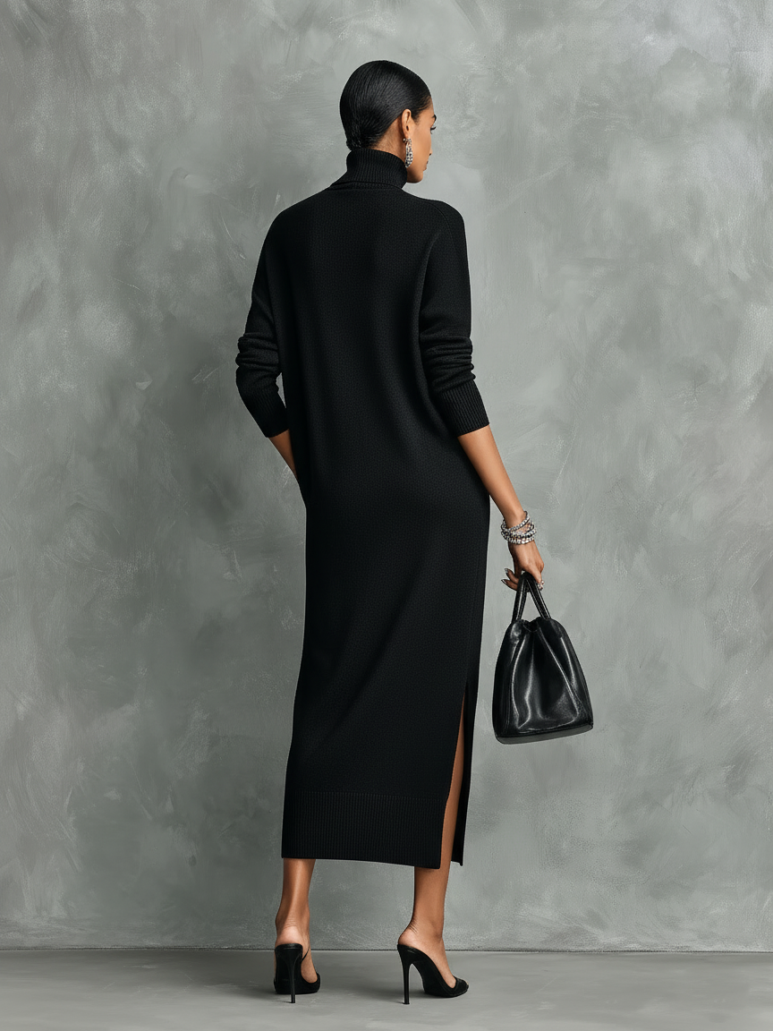 Elegant black knitted midi dress with a turtleneck, long sleeves, and a relaxed fit for women