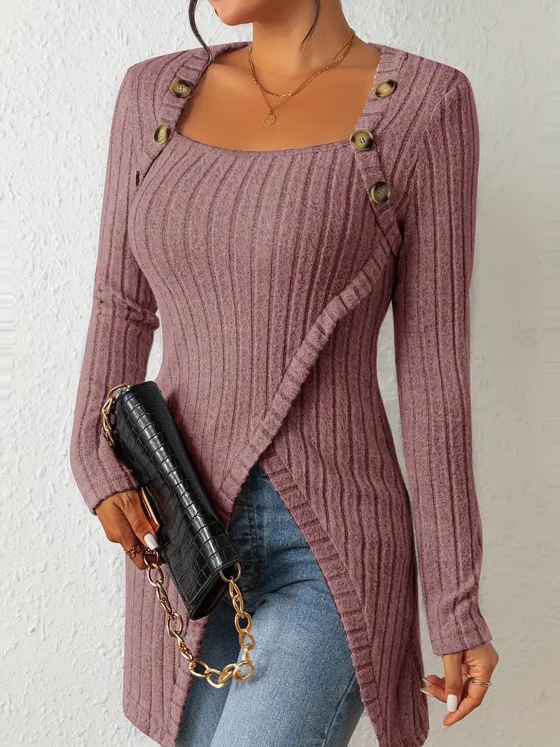 Julia - Asymmetric Buttoned Rib-Knit Top