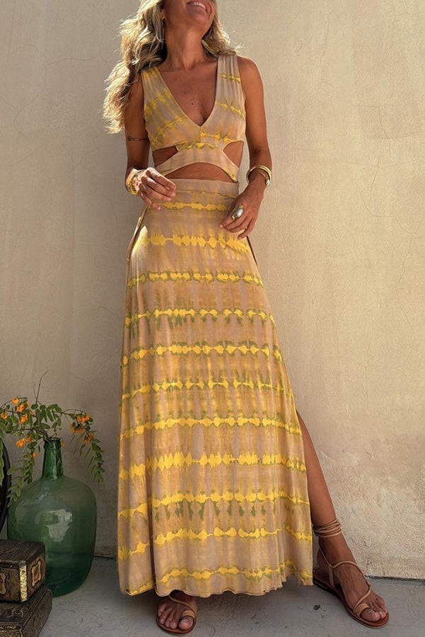Angelica - Print Cutout Design Slit Stretch Dress