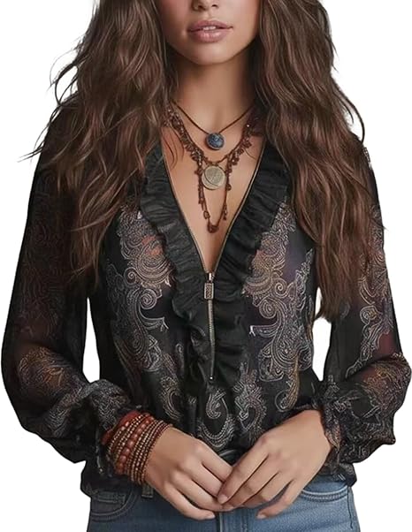 Elise | Ruffled Top with Baroque Paisley Print
