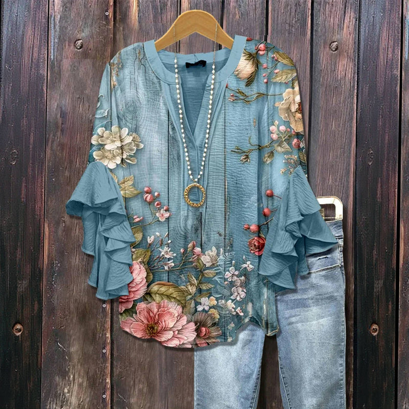 Luella™ - Vintage Floral Ruffled Sleeve Blouse