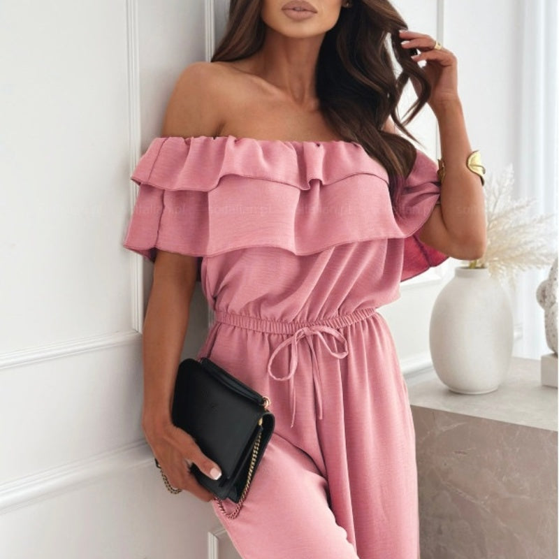 Damen Off-Shoulder Jumpsuit mit weitem Bein, Rüsche und Kordelzug