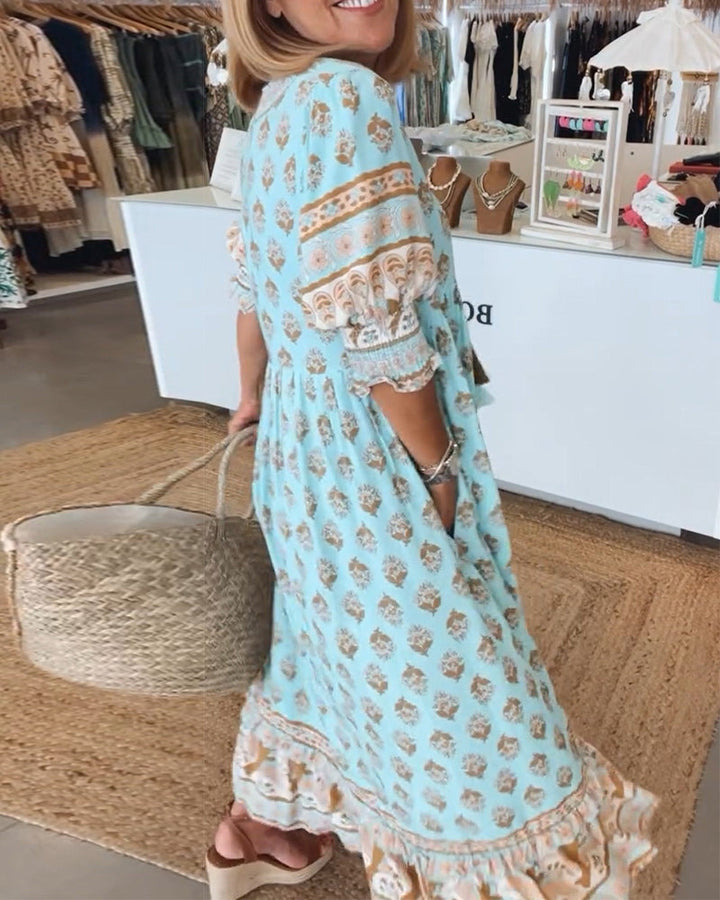Giusy - Casual Printed V-Neck Dress With Half Sleeves