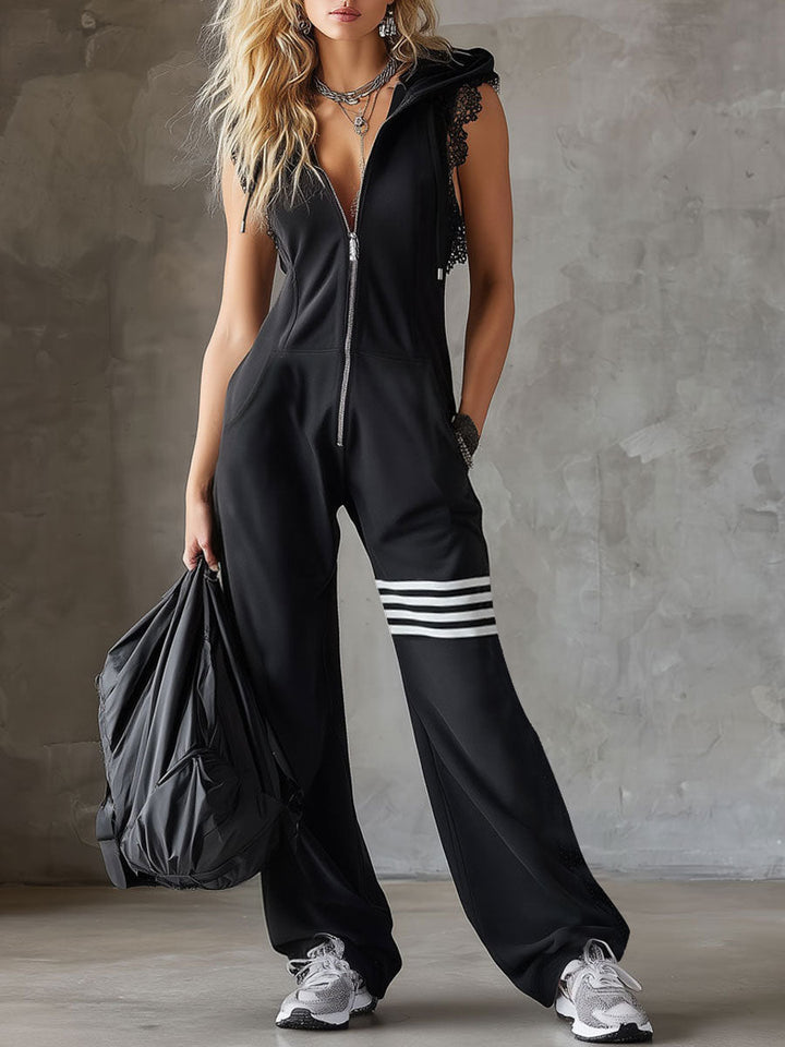 Retro-inspired black sleeveless hooded jumpsuit with sporty lace-up stripes