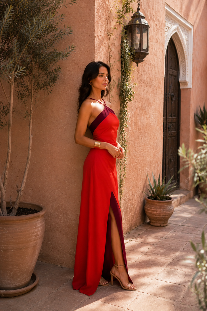 Damen Maxikleid mit Neckholder und Seitenschlitz