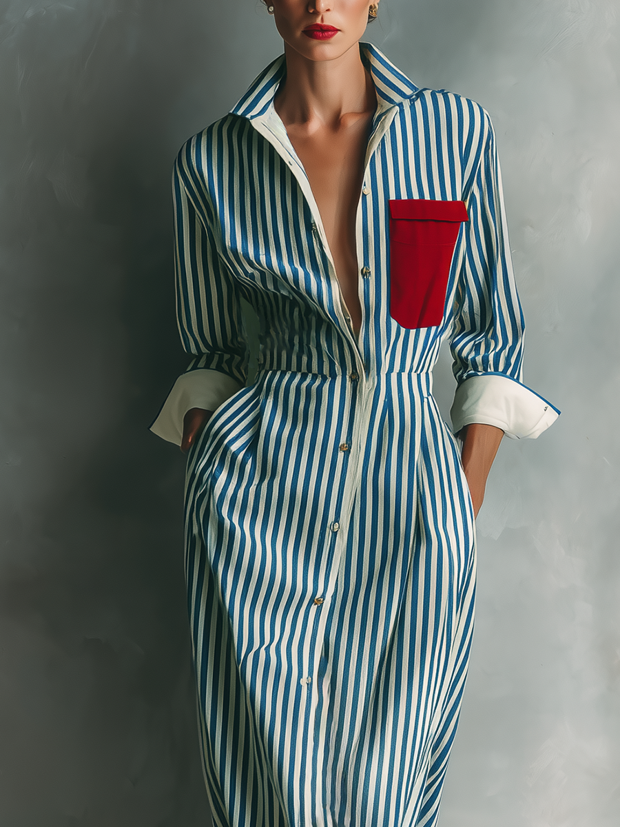 Women's shirt dress in blue and white with a red breast pocket