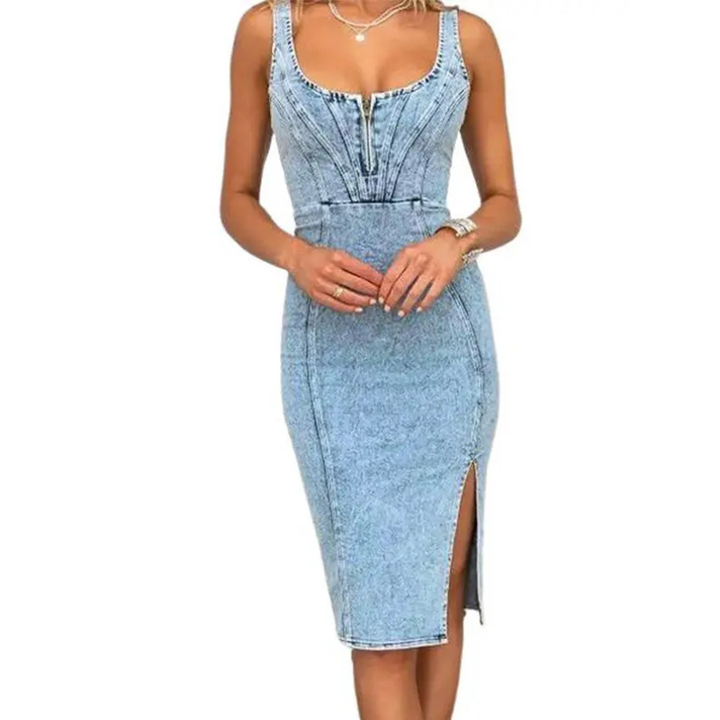 TATIANA™ – Elegant Denim Midi Dress with Side Slits