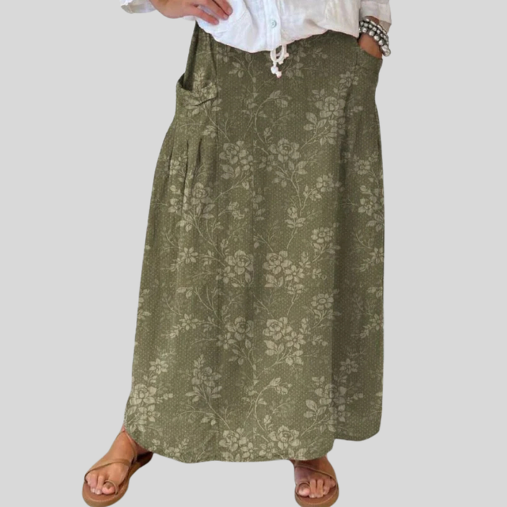 Women's Vintage Floral Linen Skirt with Elastic Waistband and Pockets