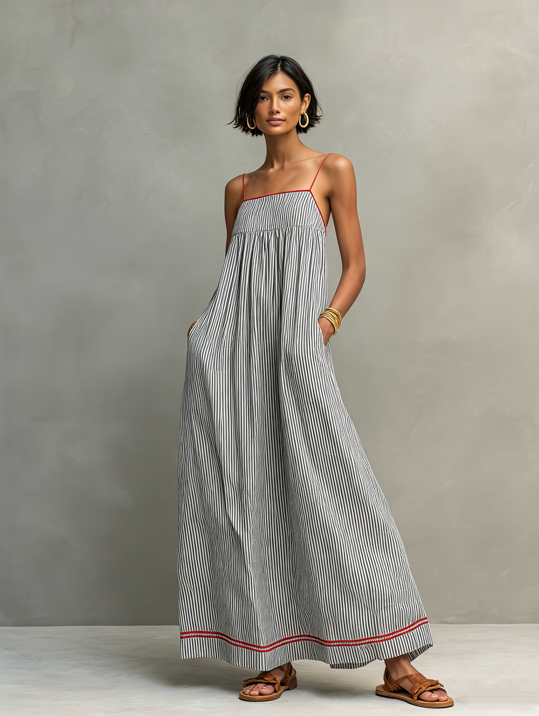 Women's Minimalist Striped Maxi Dress with Red Accents and Spaghetti Straps