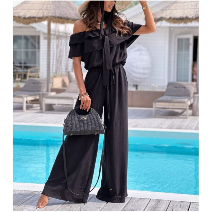 Damen Off-Shoulder Jumpsuit mit weitem Bein, Rüsche und Kordelzug