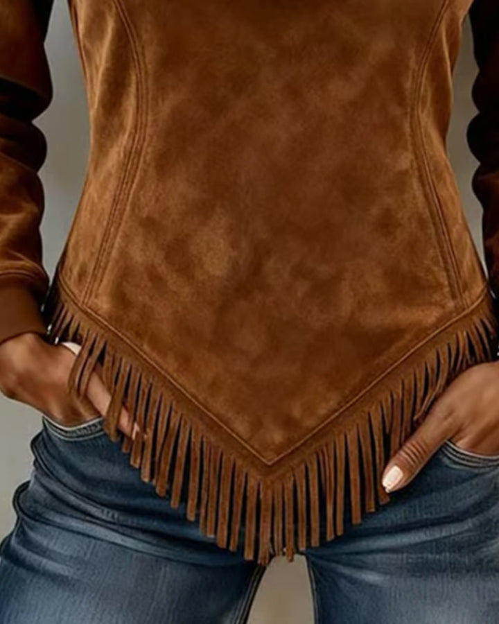 Half-zip collar sweatshirt with asymmetrical design and fringe accents