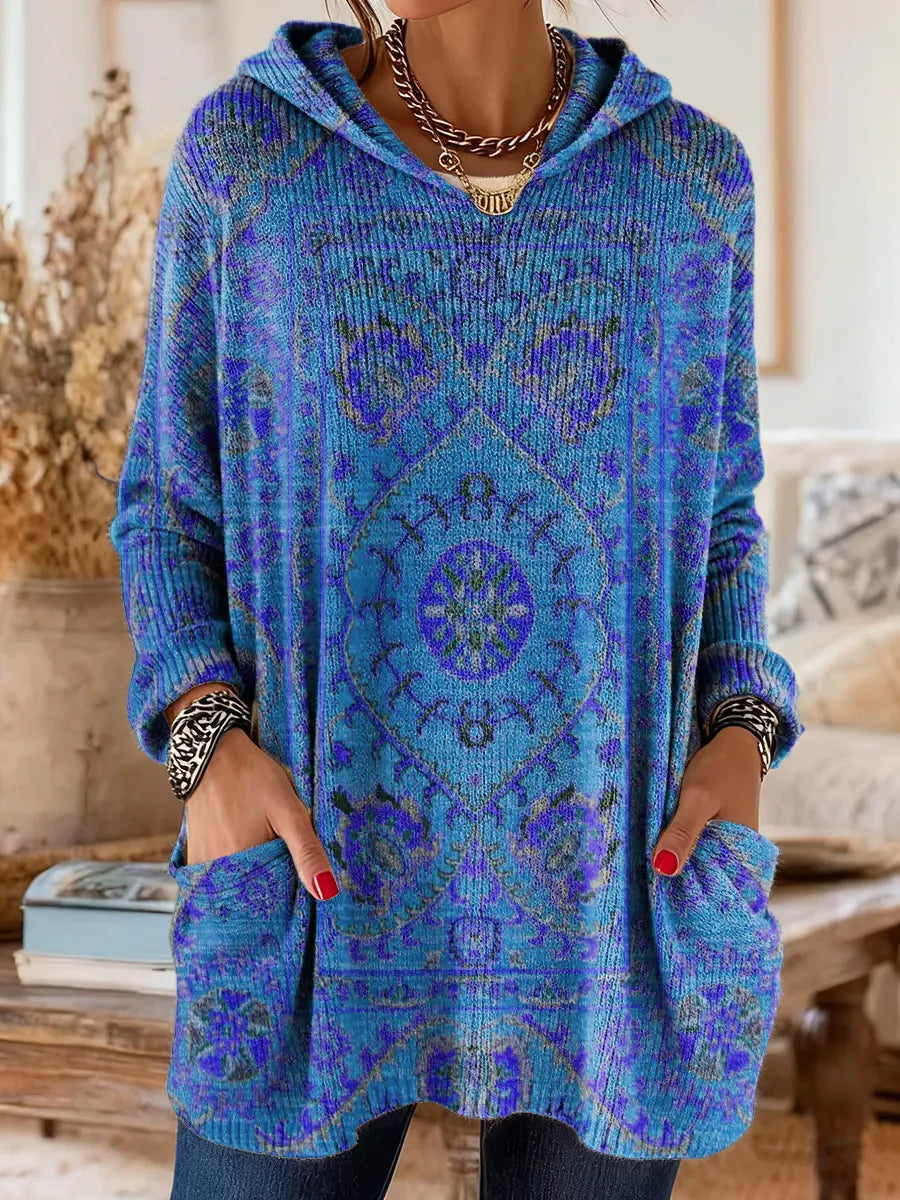 Vintage-Inspired Hooded Knit Tunic with Pockets and Ethnic Print