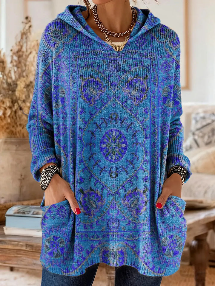Vintage-Inspired Hooded Knit Tunic with Pockets and Ethnic Print