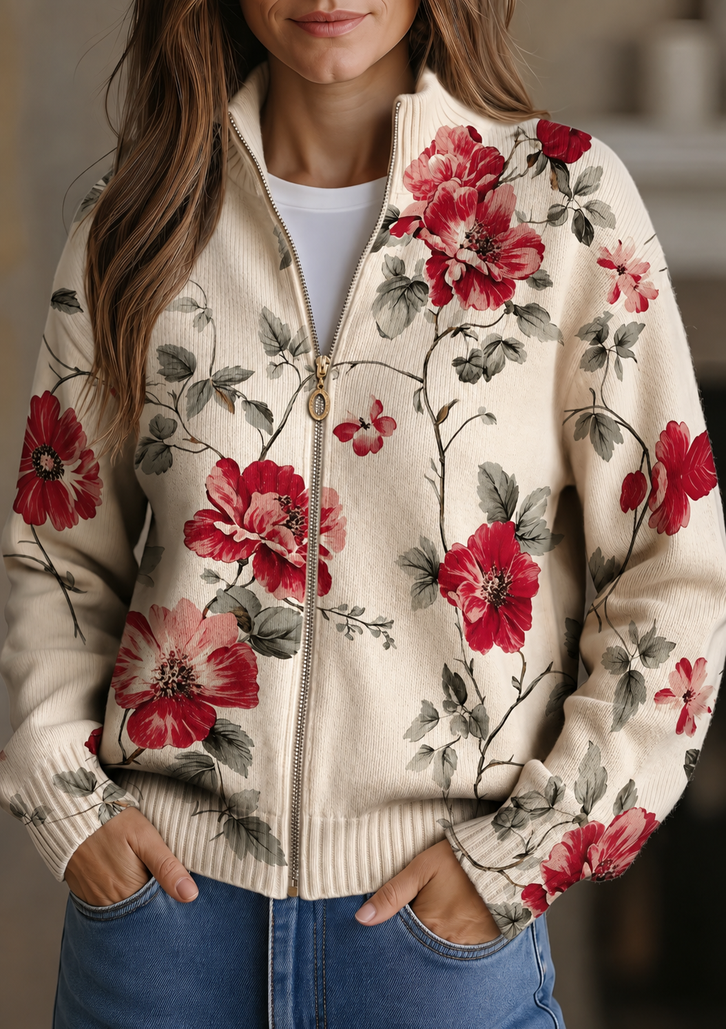Wilhelmine | Women’s Floral Pattern Cardigan with Zipper