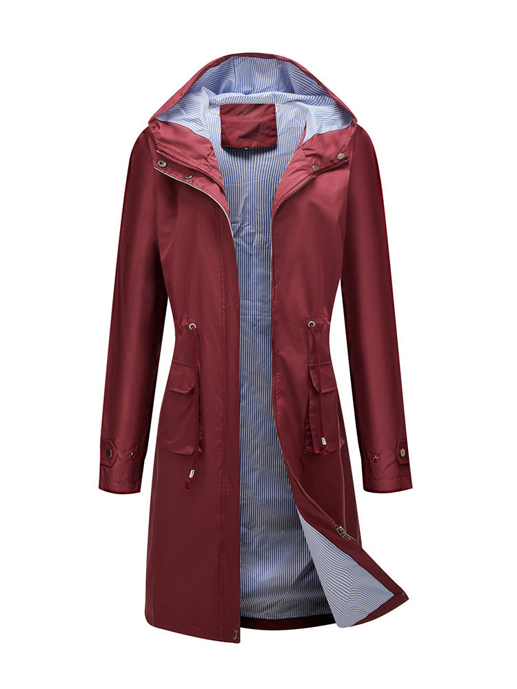 Women’s waterproof raincoat with hood and adjustable drawstring