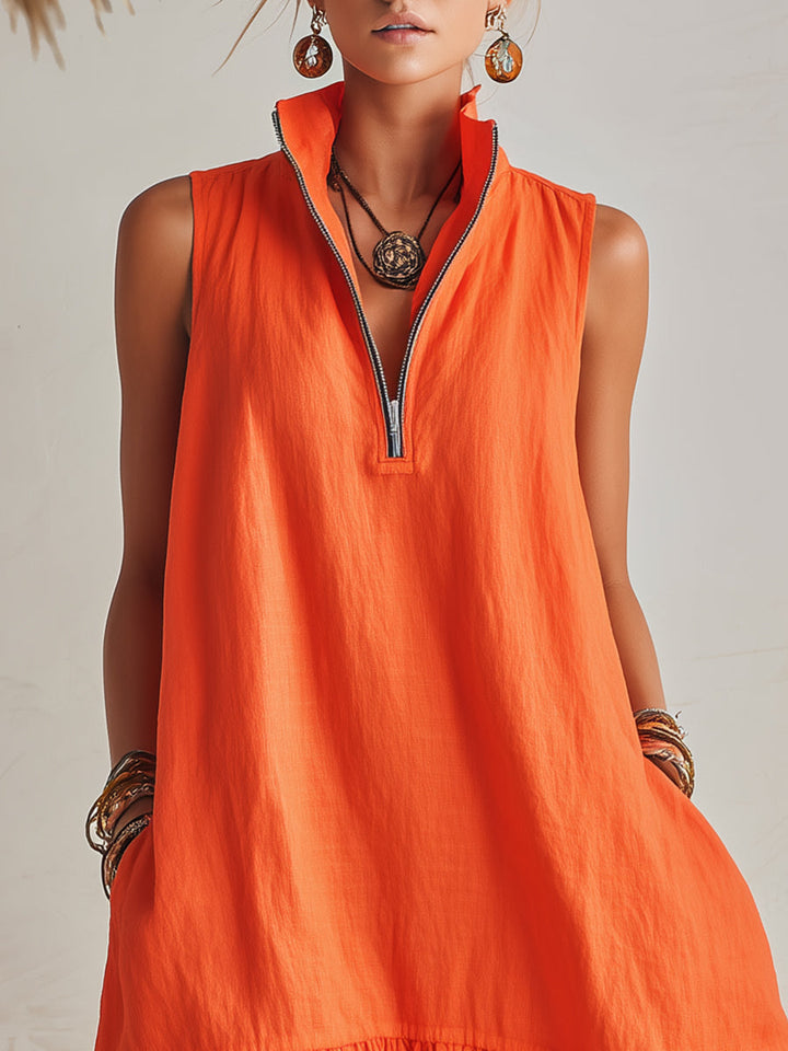 Bright Orange Linen Half-Zip Mini Dress with Ruffle Hem and Stand-Up Collar