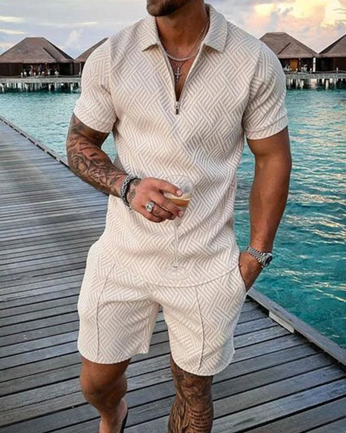 LUKAS | POLO SHIRT & SHORTS SET IN CREAM WITH REVERE COLLAR