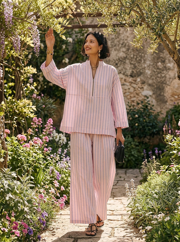 Women's striped long-sleeve top and wide-leg pants set with pockets