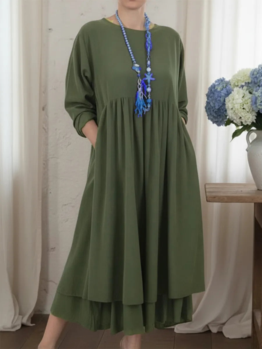 Casual women's midi dress with a double hem design