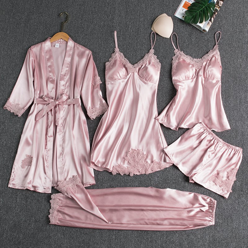 Elegant Women's Ice Silk Nightgown Set - 5 Pieces