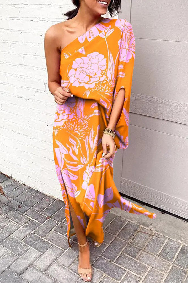 Rosie maxi dress with one-shoulder design and printed hem