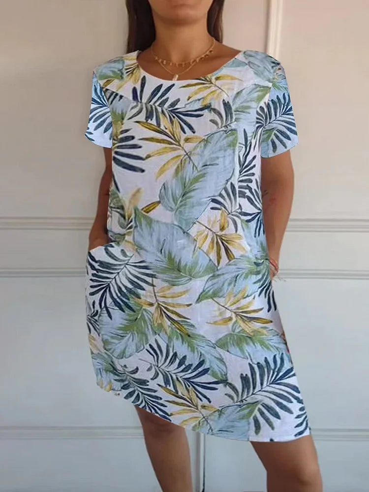 Women's Cotton Linen Printed Summer Dress with Pockets