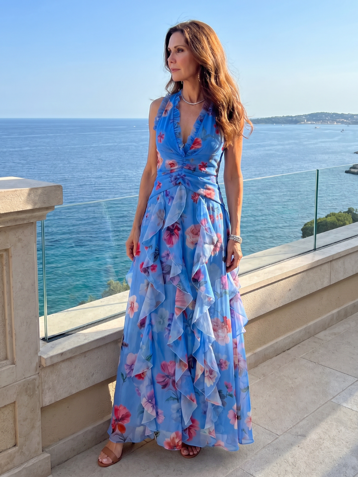 Nori | Halter Neck Ruffle Top Floral Maxi Dress