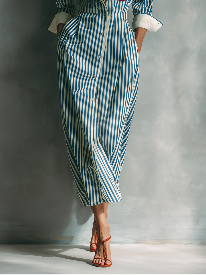 Women's shirt dress in blue and white with a red breast pocket