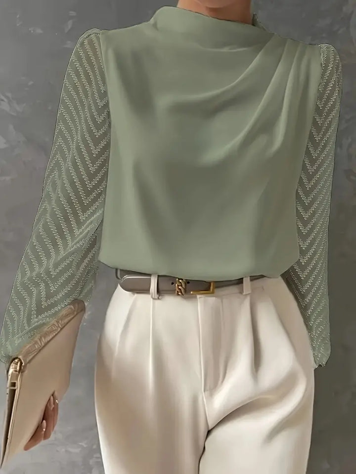 Samanta® | Illusion Sleeve Ruched Mocha Neck Blouse