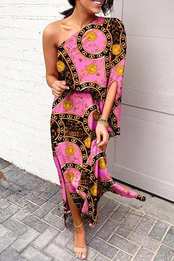 Rosie maxi dress with one-shoulder design and printed hem