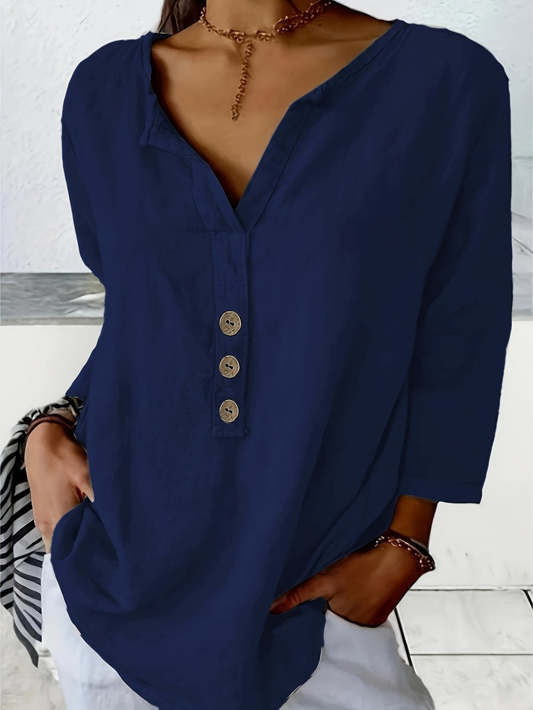 Harper™ - Loose V-Neck Blouse with Buttons