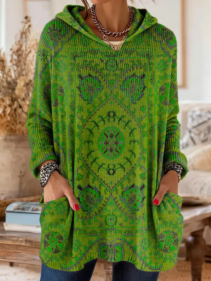 Vintage-Inspired Hooded Knit Tunic with Pockets and Ethnic Print