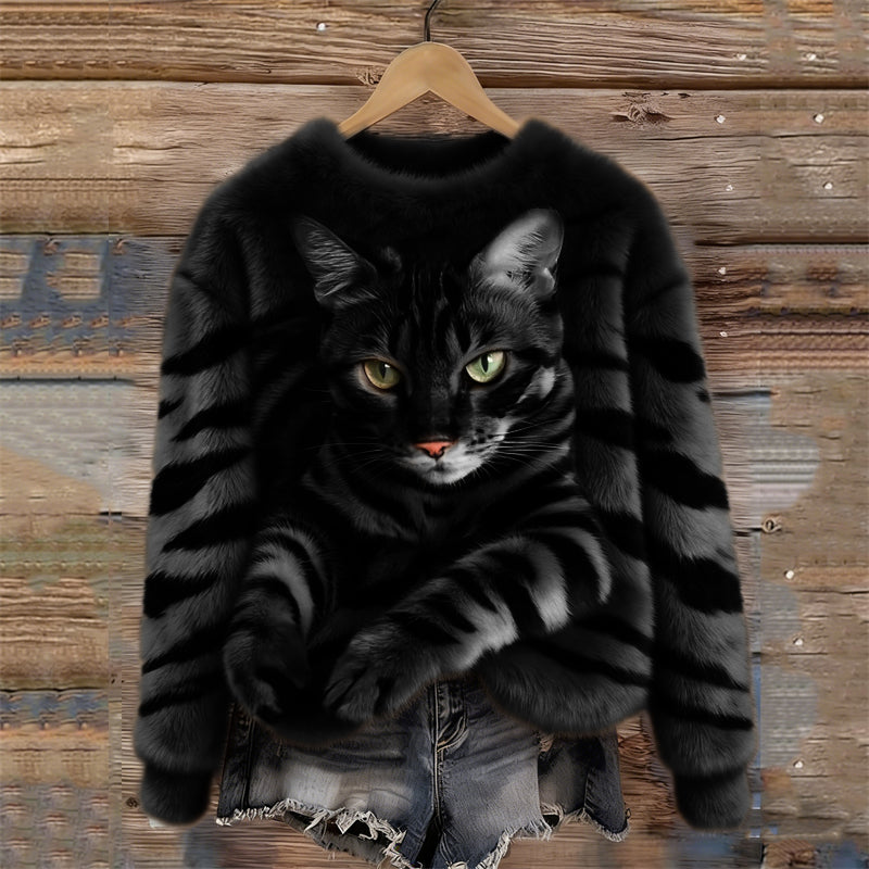 Cozy Plush Sweatshirt with a Tiger and Tabby Kitten Design