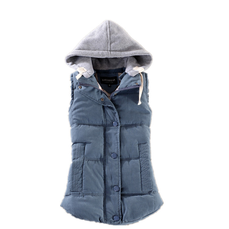 Women's fitted thermal vest with hood and snap-button placket
