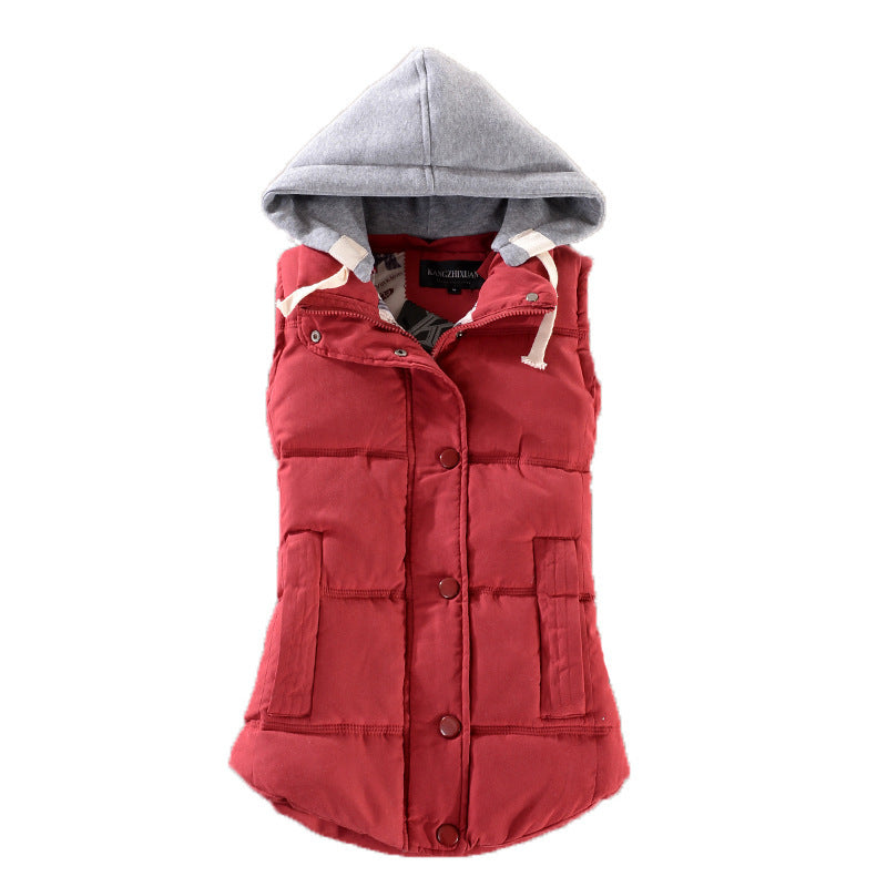 Women's fitted thermal vest with hood and snap-button placket