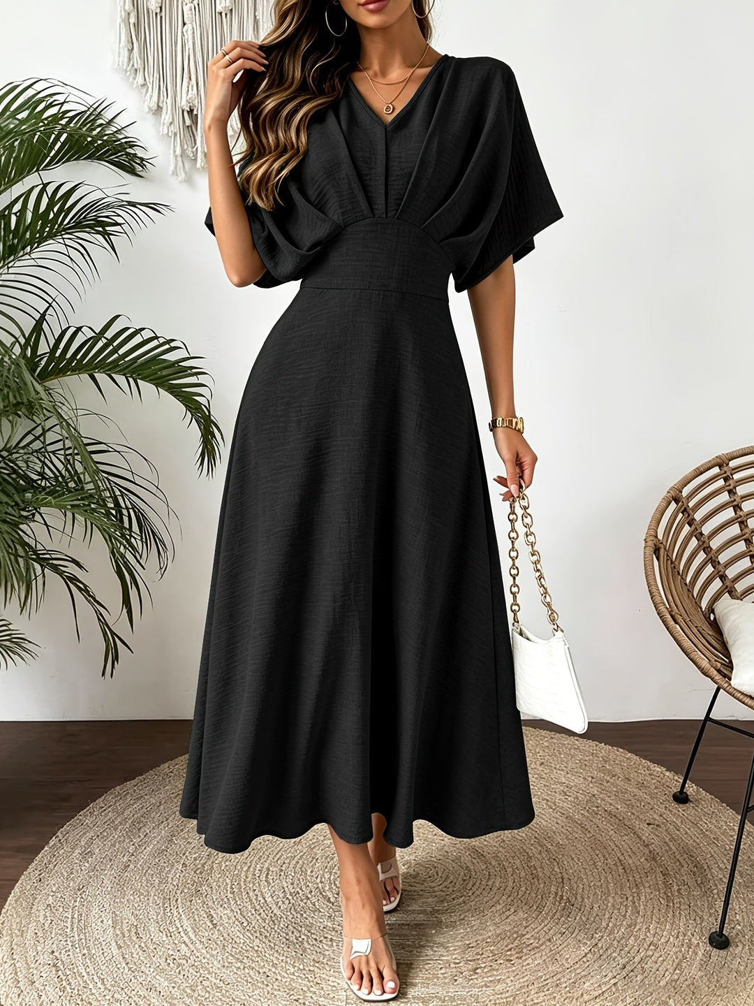 Women’s midi dress with V-neckline