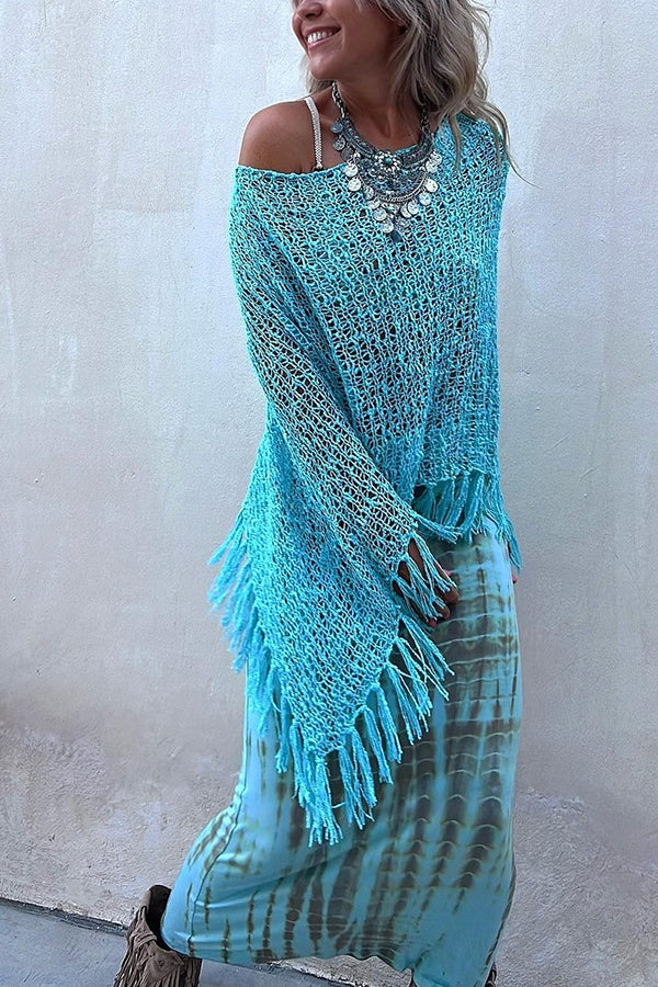 Sunset Breeze Tasseled Knit Cutout Cover-Up