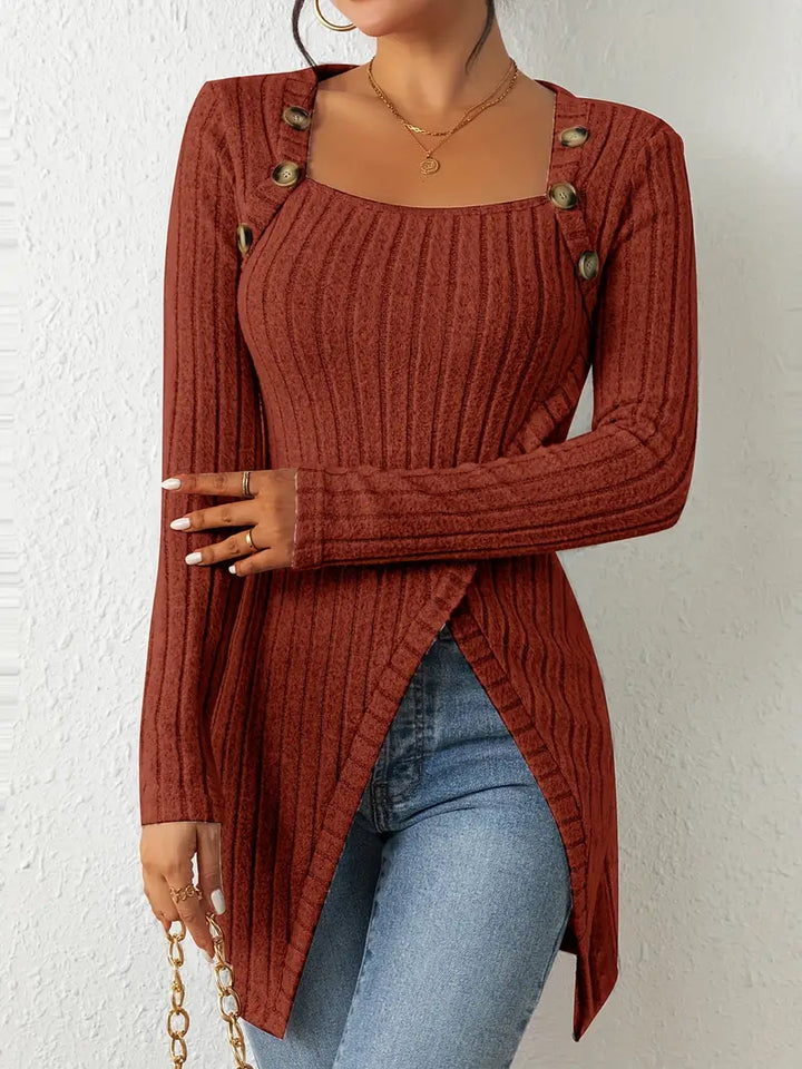 Julia - Asymmetric Buttoned Rib-Knit Top