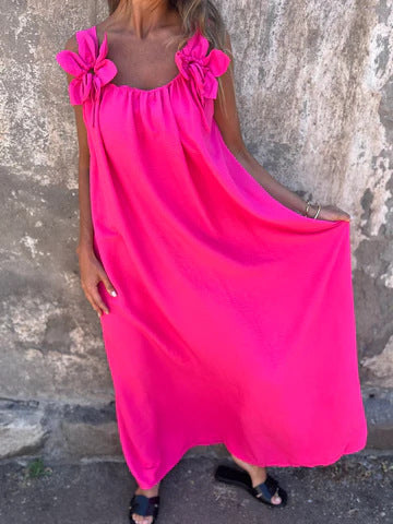 Women's Floral Pattern Dress with Solid Color U-Neck
