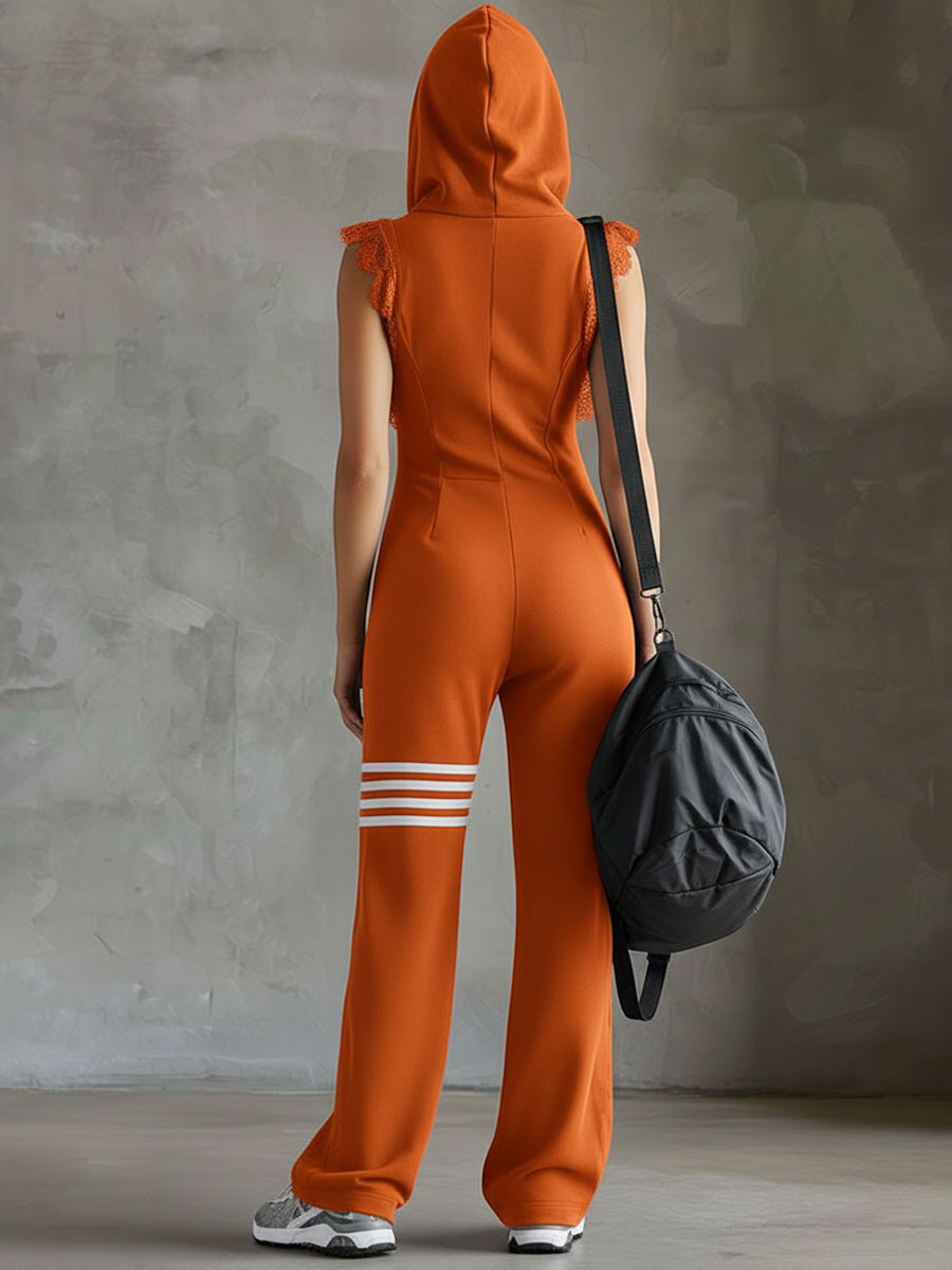 Retro-inspired black sleeveless hooded jumpsuit with sporty lace-up stripes