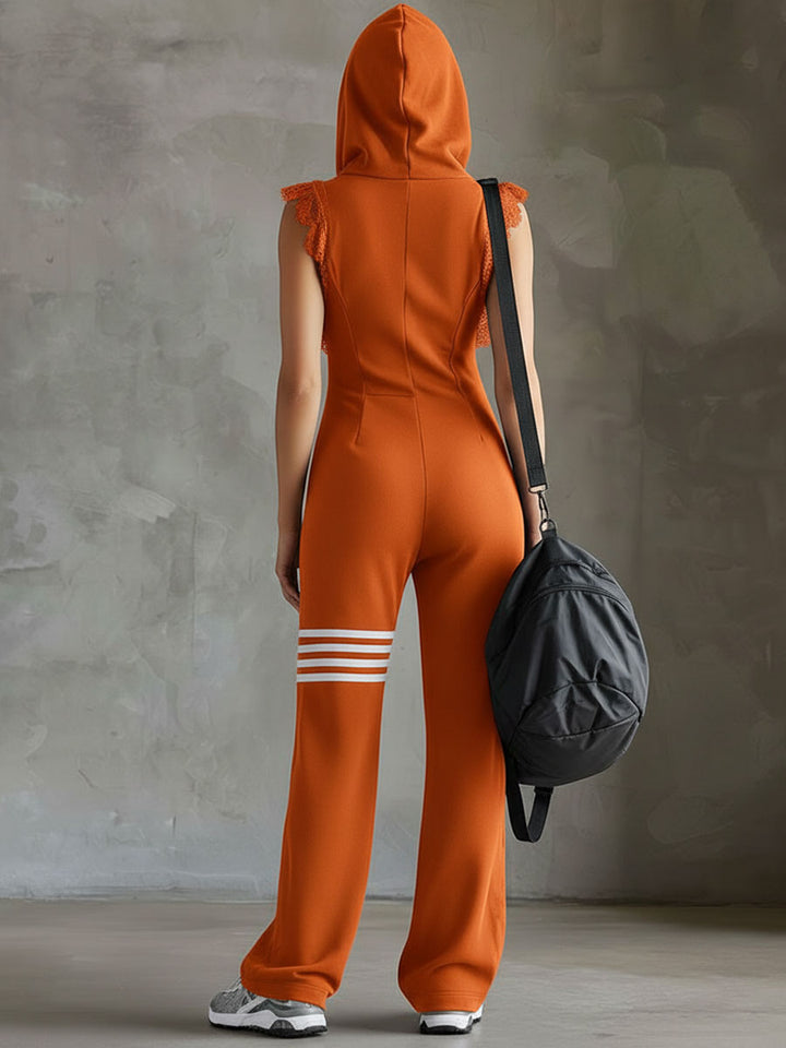 Retro-inspired black sleeveless hooded jumpsuit with sporty lace-up stripes