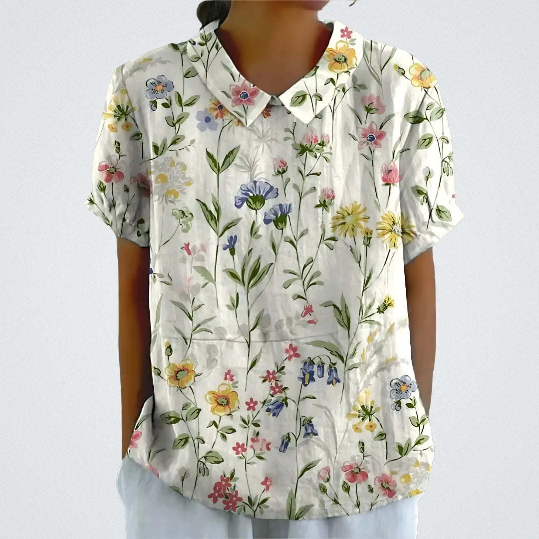 Lina™ - Stylish Floral Linen Blouse