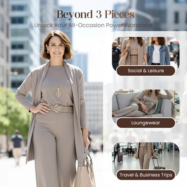Chic 3-piece ensemble: Long cardigan, top, and trousers