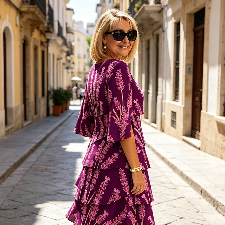 Elyvane™ - Women's Floral Ruffle Dress with Midi Length and Slit Sleeves