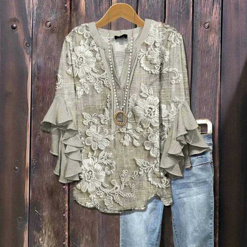 Maci™ - Vintage Floral Ruffle-Sleeve Blouse