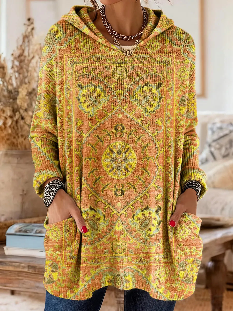 Vintage-Inspired Hooded Knit Tunic with Pockets and Ethnic Print