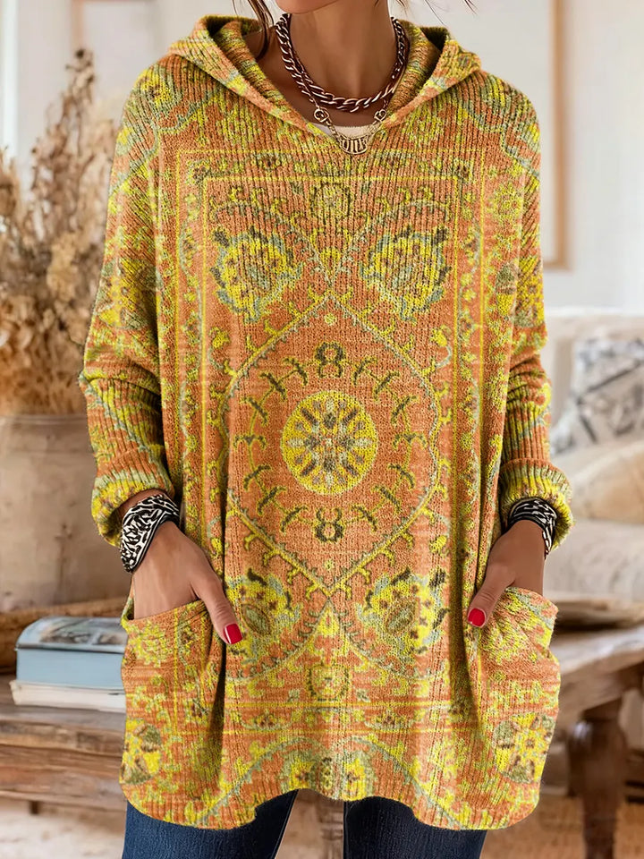 Vintage-Inspired Hooded Knit Tunic with Pockets and Ethnic Print